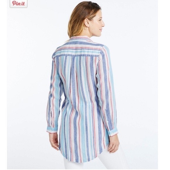 L.L. Bean Women's Premium Washable Linen Drawstring Tunic, Stripe Size Medium - Picture 2 of 14